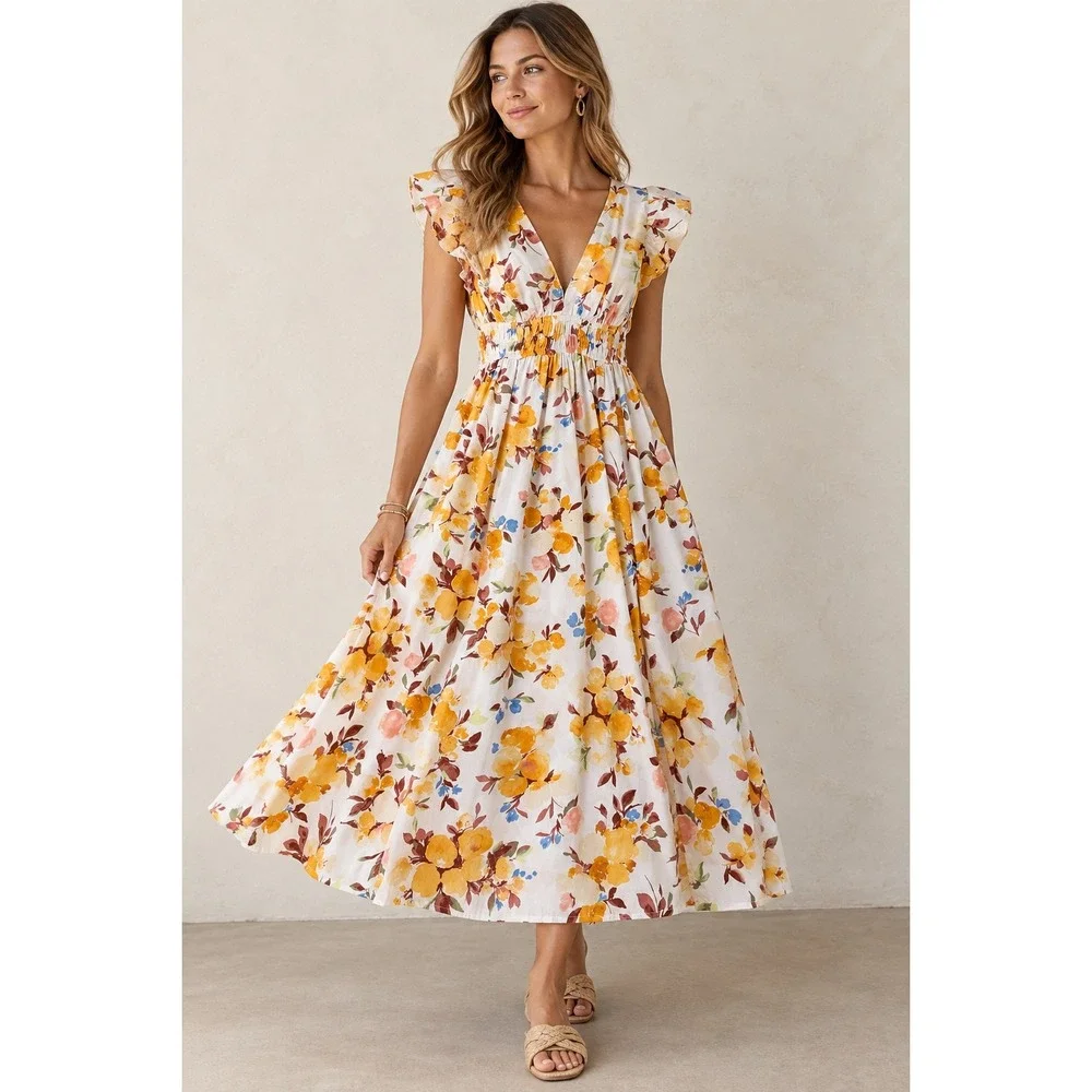 Abercrombie & Fitch Floral Flutter Sleeve Smocked Maxi Dress Yellow Orange Small